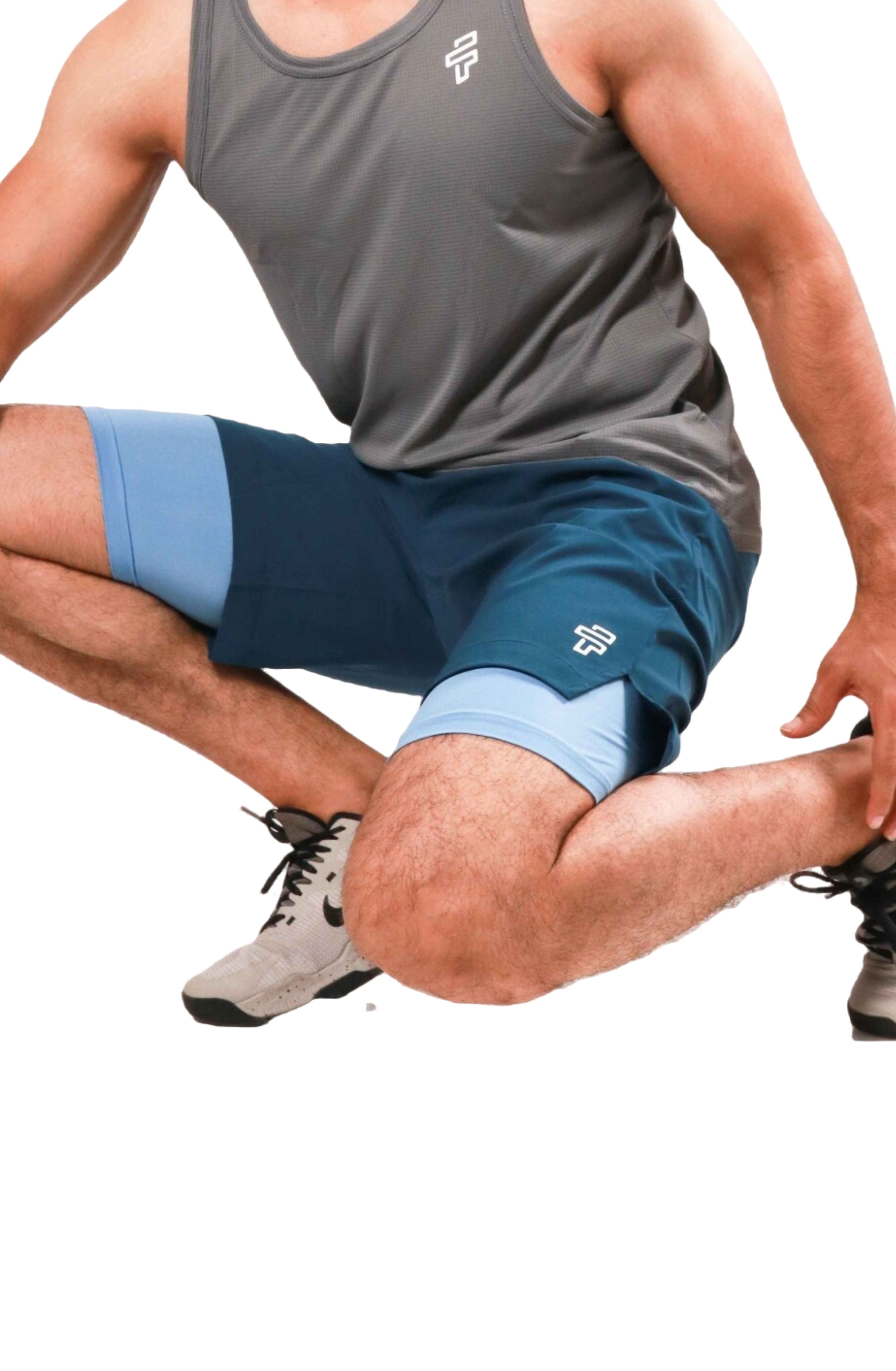 2-in-1 Compression Shorts - Deep Teal/Sky